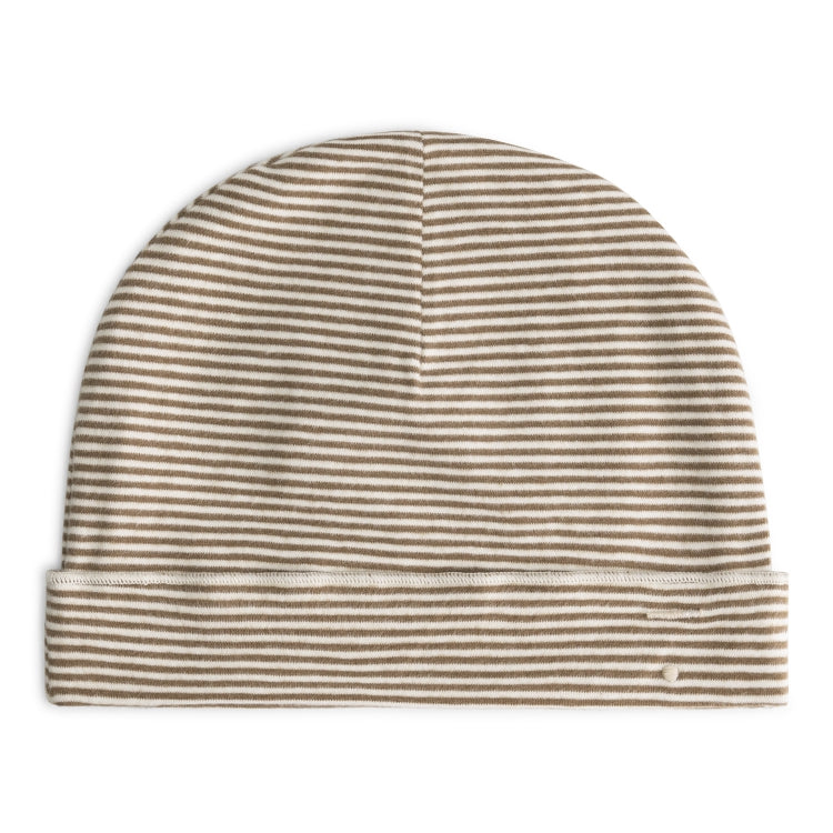 Organic cotton baby beanie made from GOTS-certified cotton, shown in brown/white striped