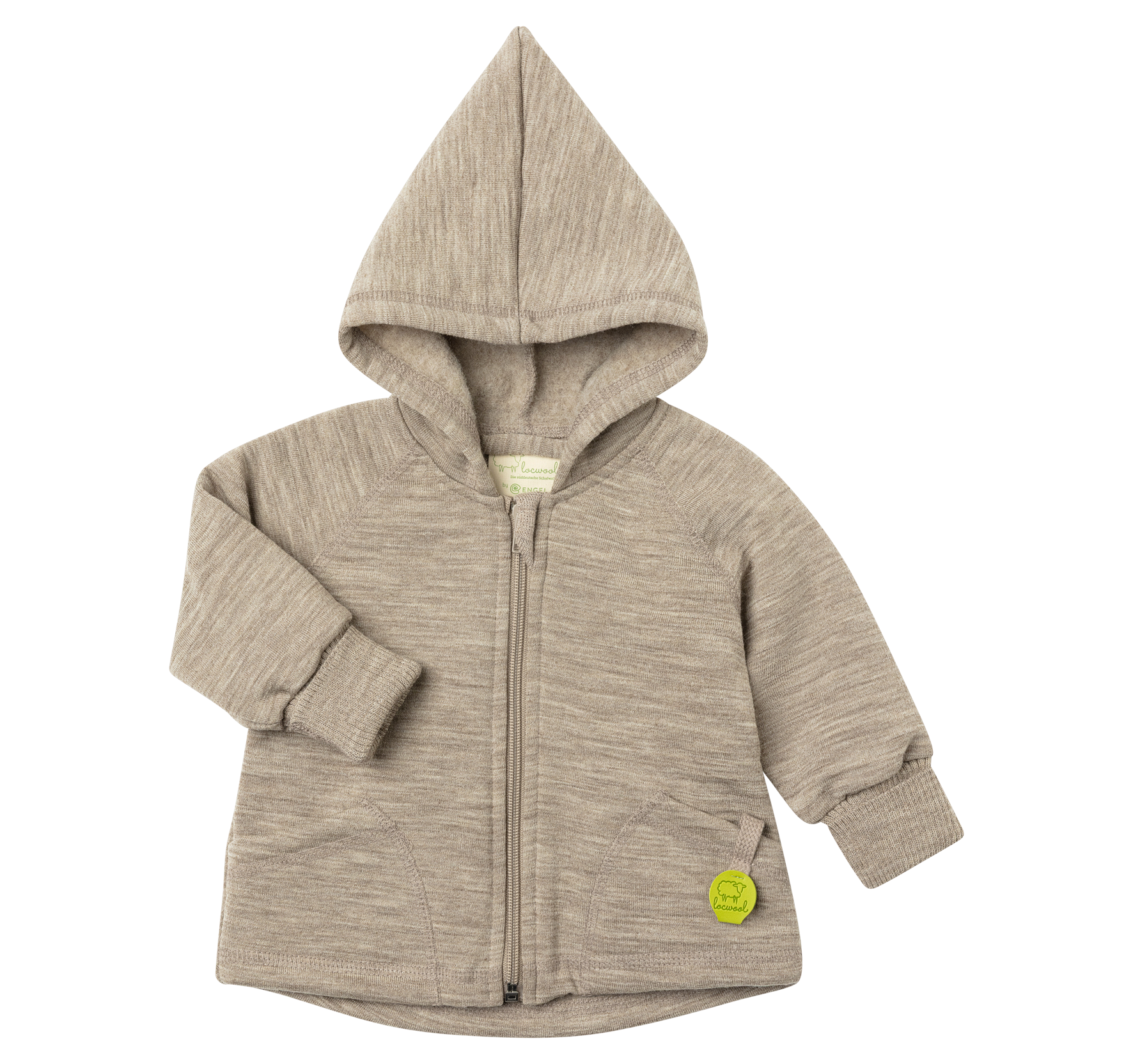 Merino wool hooded baby jacket with zipper made from organic merino wool, shown in beige colour