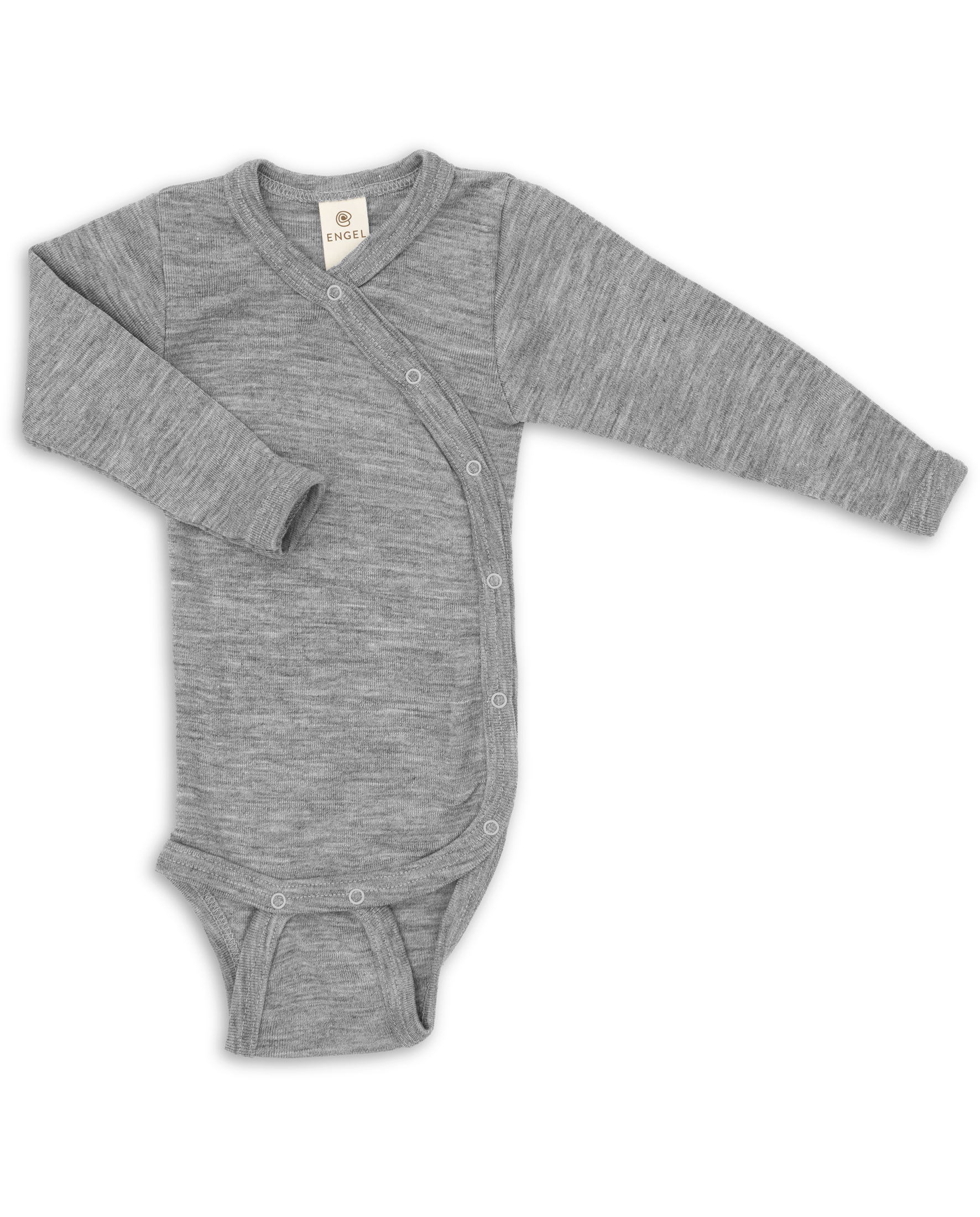 Wool and silk newborn kimono bodysuit made from a natural fibre blend, shown in light grey colour