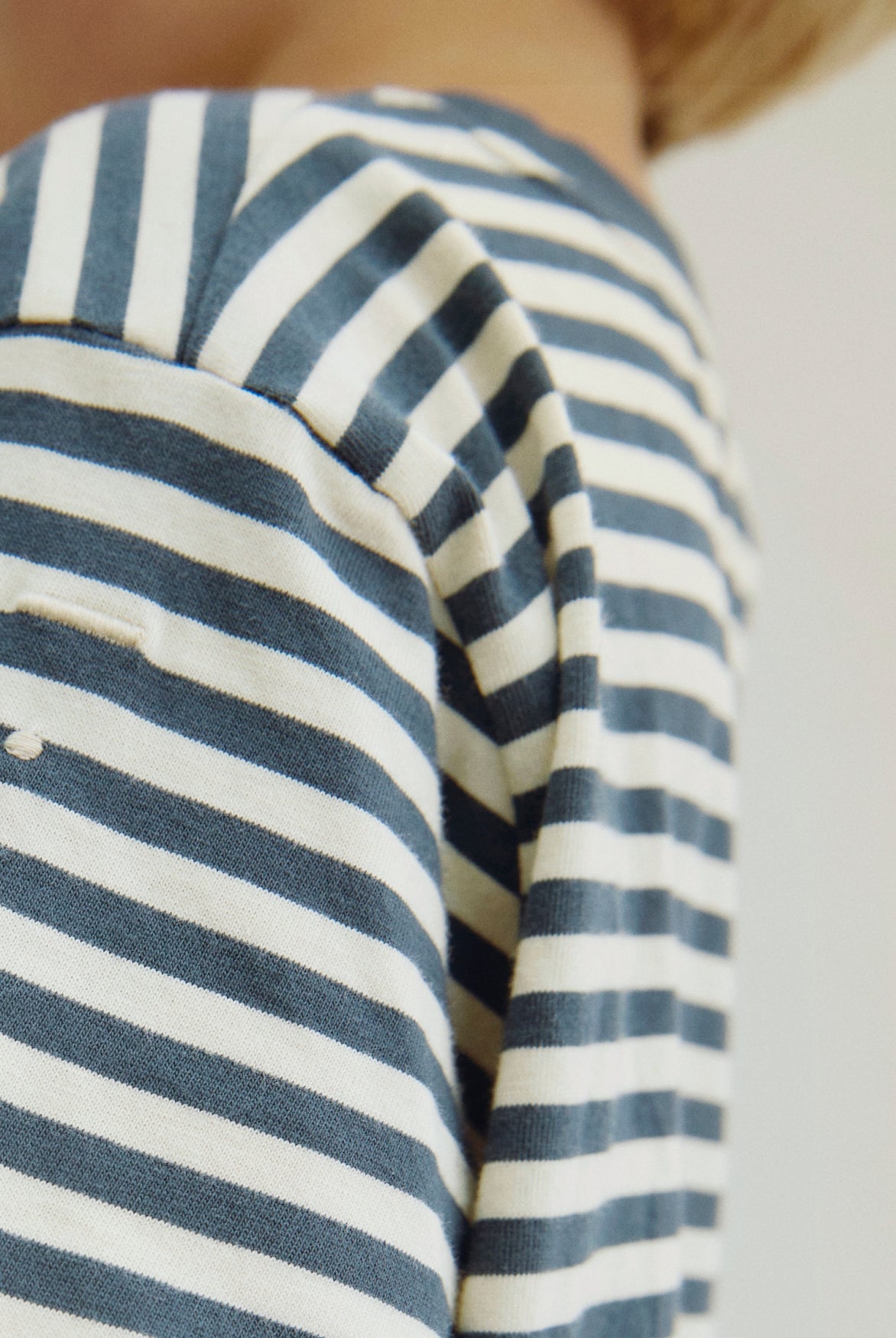 Close up child wearing striped long sleeve from Gray Label in Blue Grey color