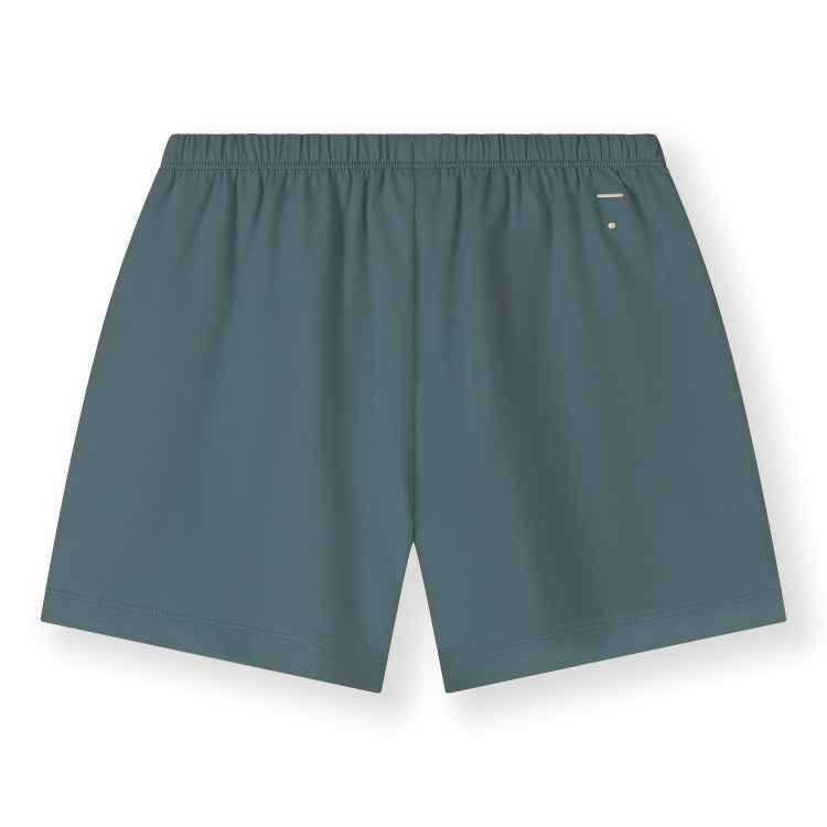 Organic cotton jersey shorts made from GOTS-certified cotton, shown in blue grey colour. Showing logo on the back side.