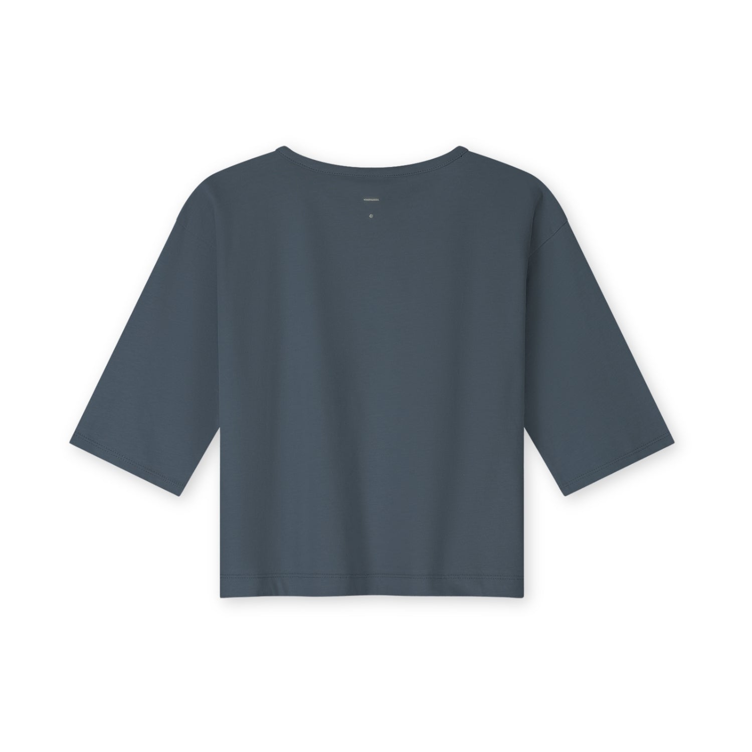 Organic cotton oversized tee made from GOTS-certified cotton, shown in blue grey colour. Show from the back.