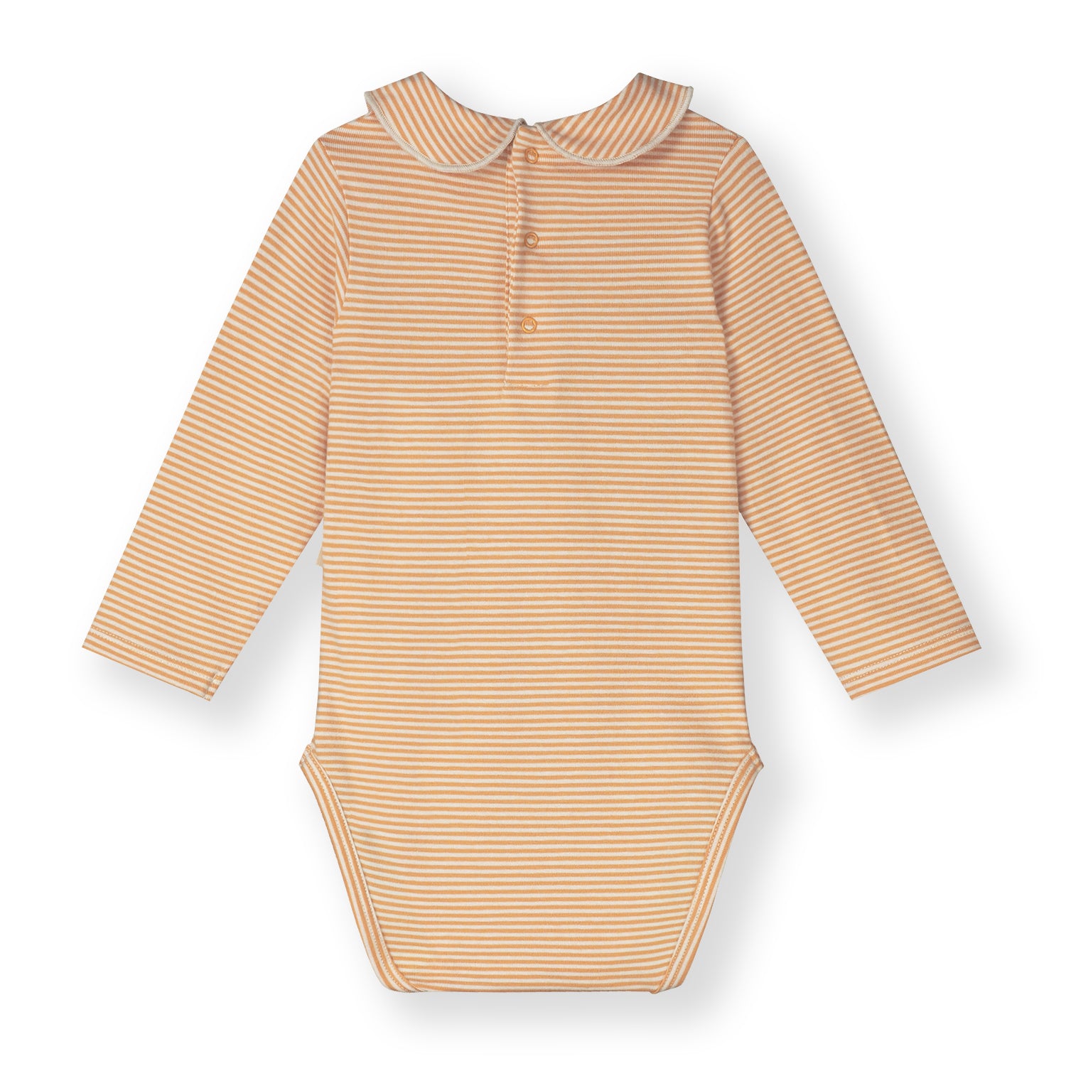 Organic cotton baby collar onesie made from GOTS-certified cotton, shown in orange striped colour. Back side
