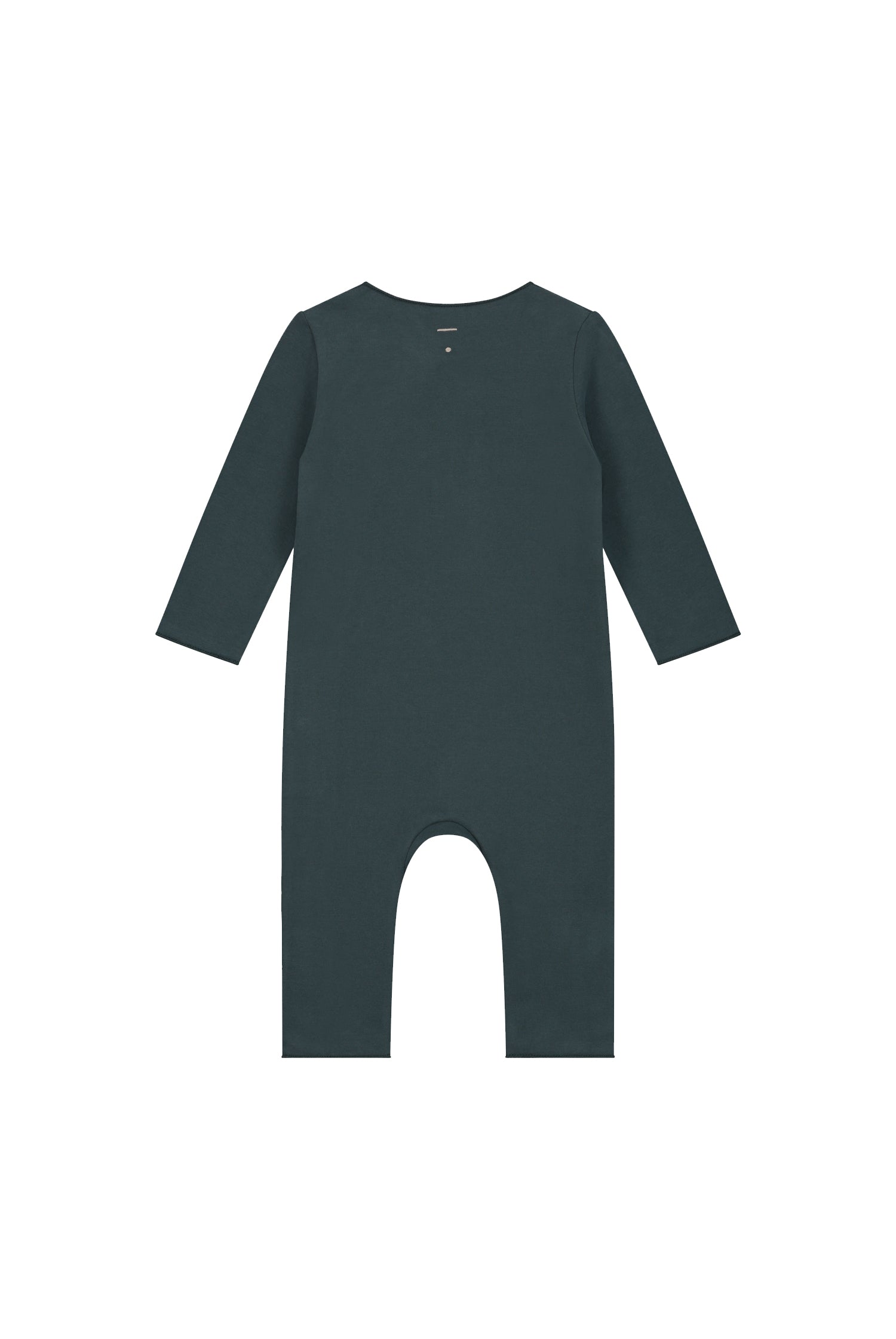 Organic cotton fleece baby suit made from GOTS-certified cotton, shown in blue colour. Back side.
