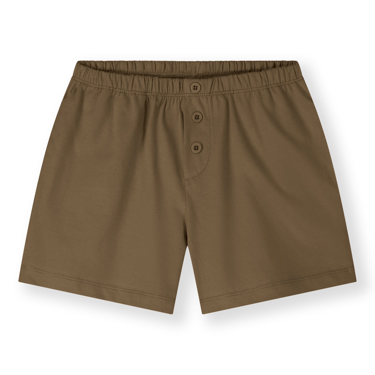 Organic cotton jersey shorts made from GOTS-certified cotton, shown in brown colour