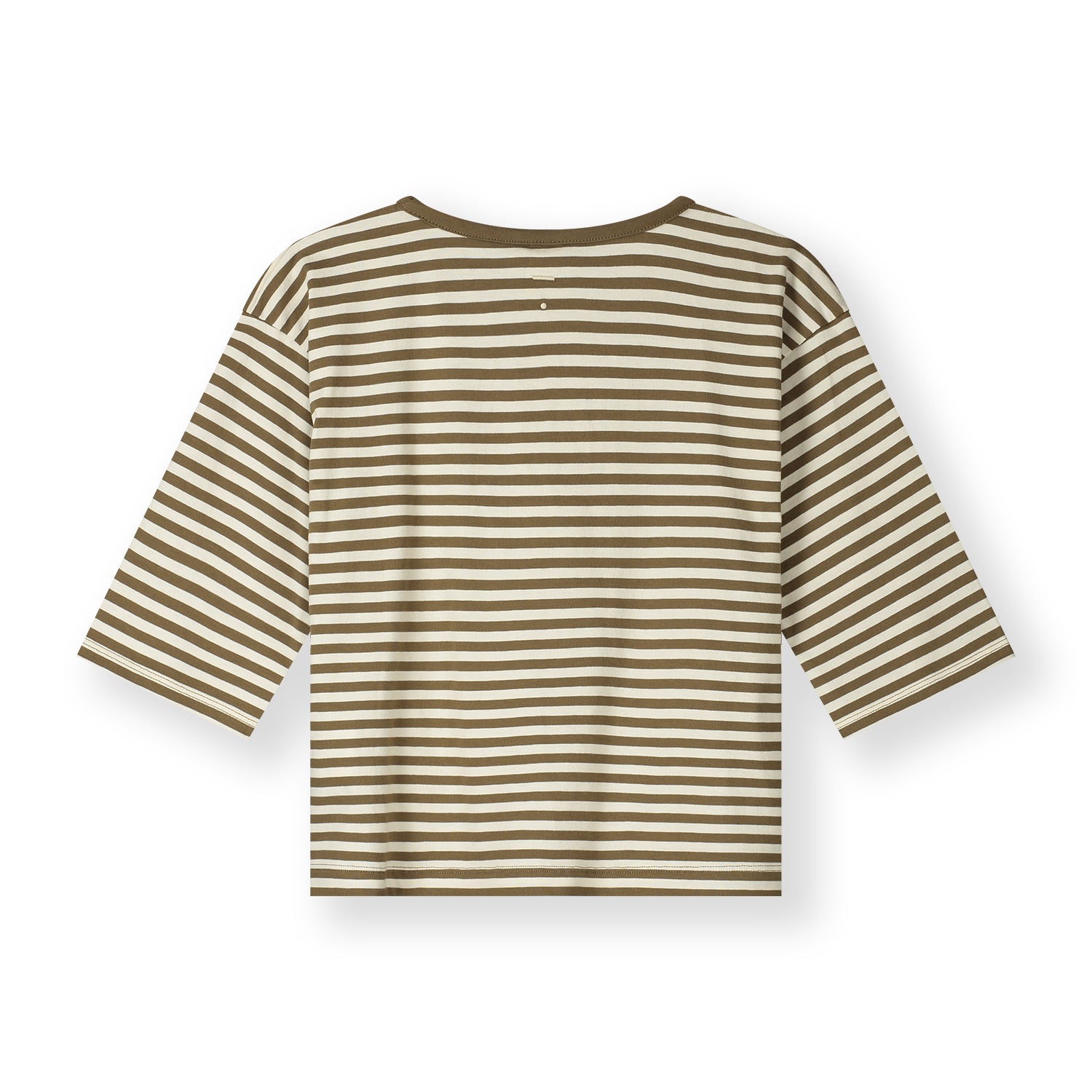 Organic cotton oversized tee made from GOTS-certified cotton, shown in brown striped colour. Shown from the back