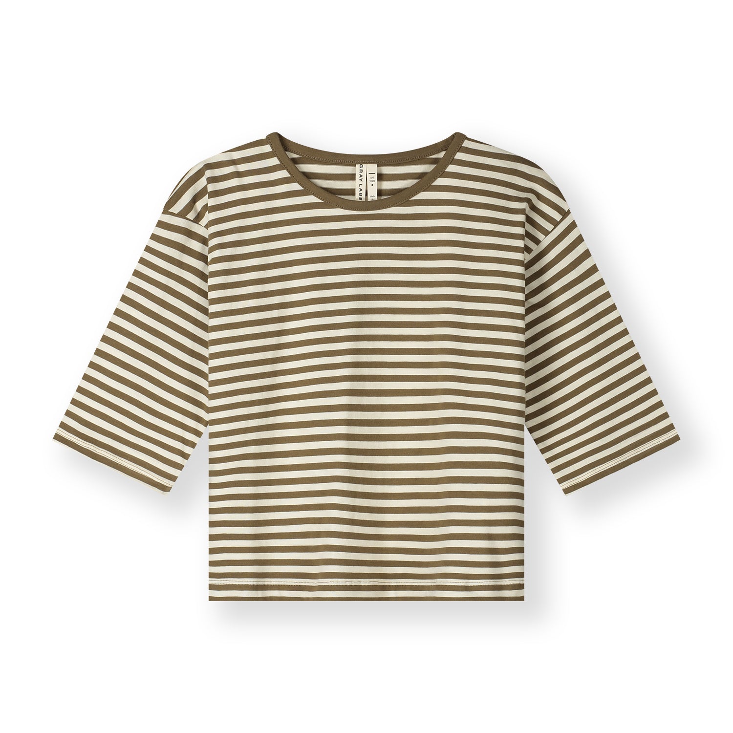 Organic cotton oversized tee made from GOTS-certified cotton, shown in brown striped colour
