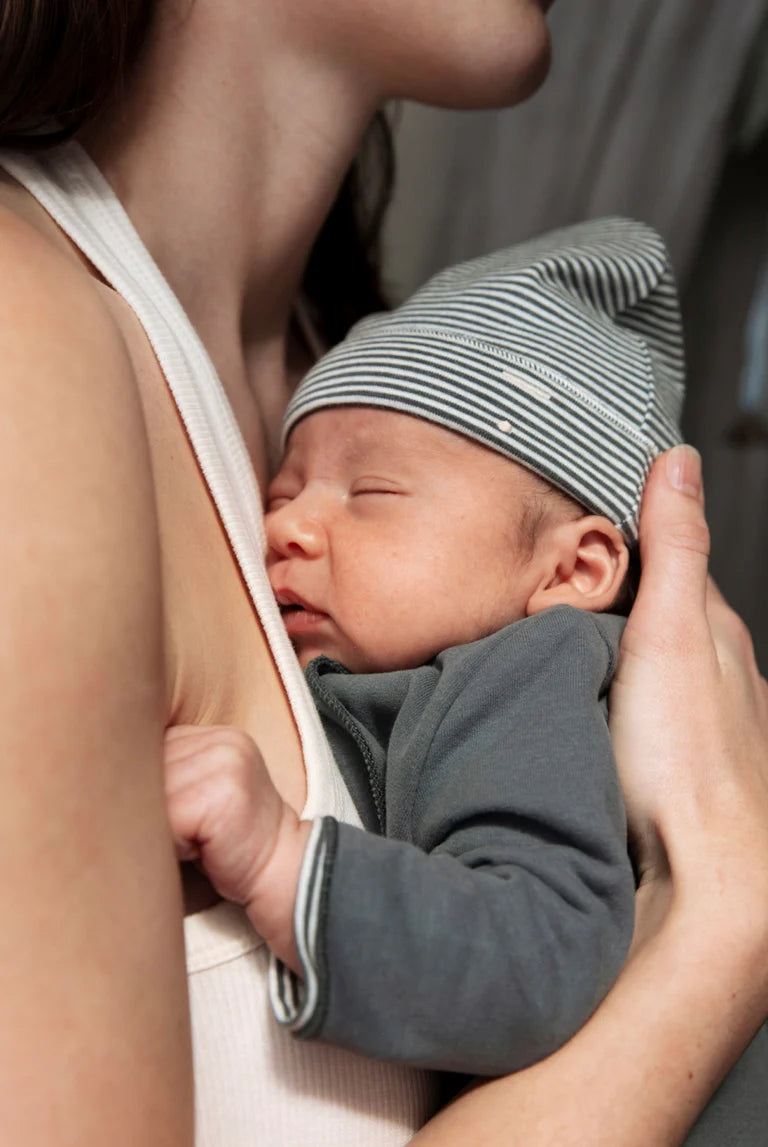 Baby wearing gray label blue grey organic cotton baby suit