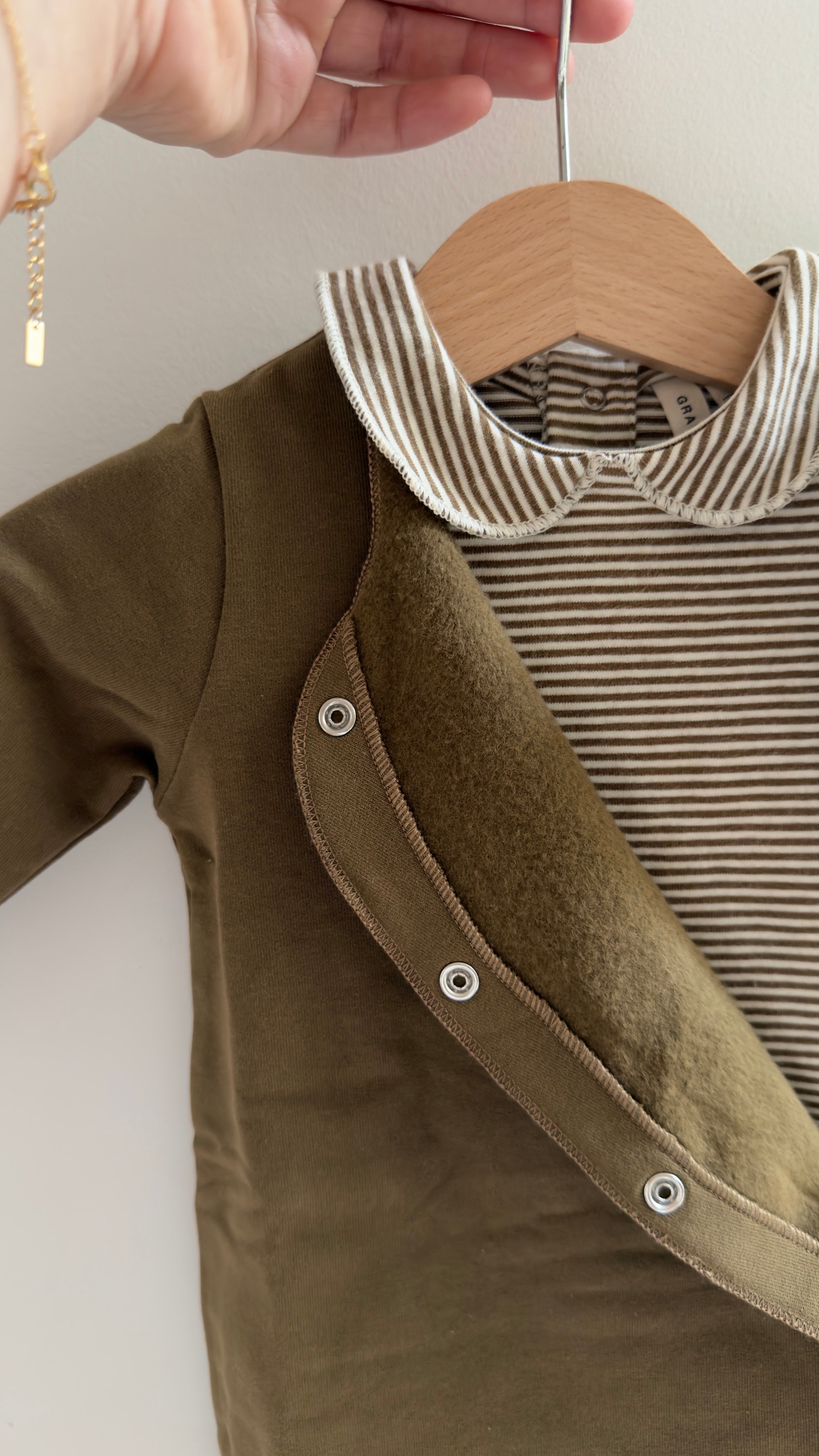 Gray Label organic cotton babysuit layered in woody