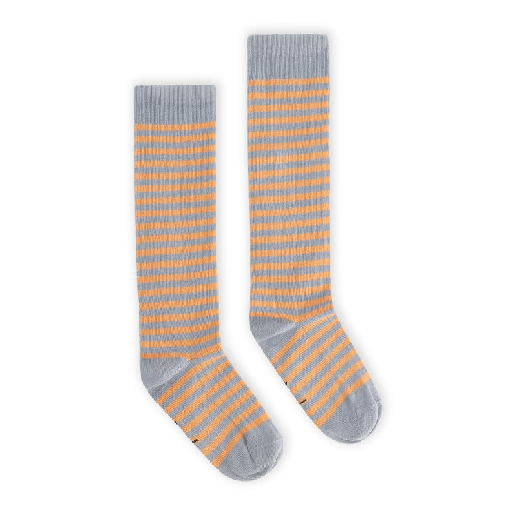 Organic cotton ribbed socks knitted from soft cotton, shown in orange grey striped colour