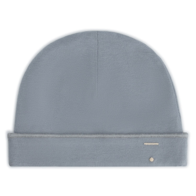 Organic cotton baby beanie made from GOTS-certified cotton, shown in blue colour