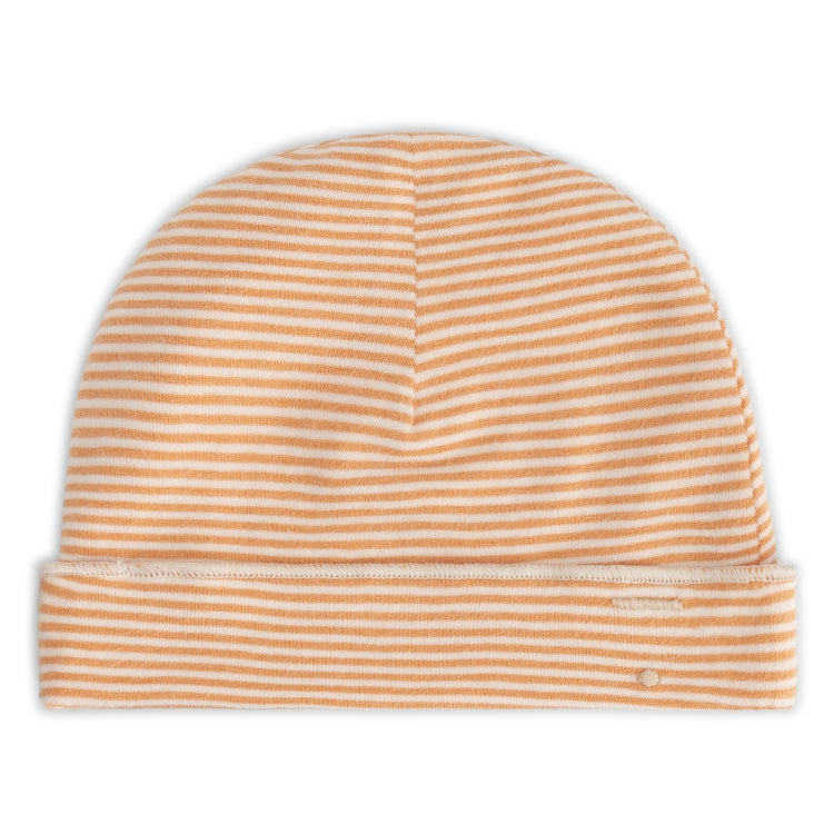Organic cotton baby beanie made from GOTS-certified cotton, shown in orange white striped colour