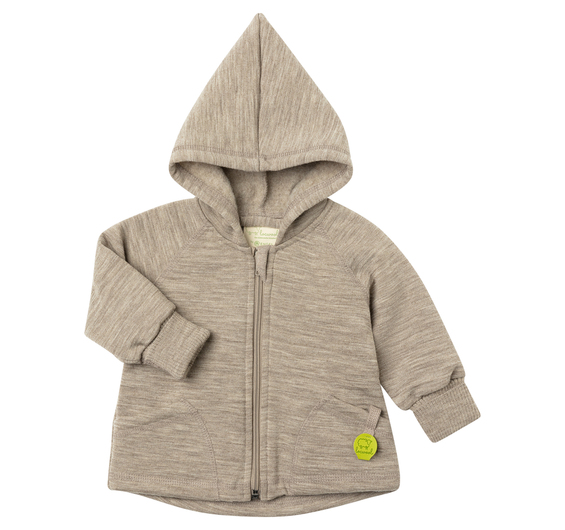 Merino wool hooded baby jacket with zipper made from organic merino wool, shown in beige colour