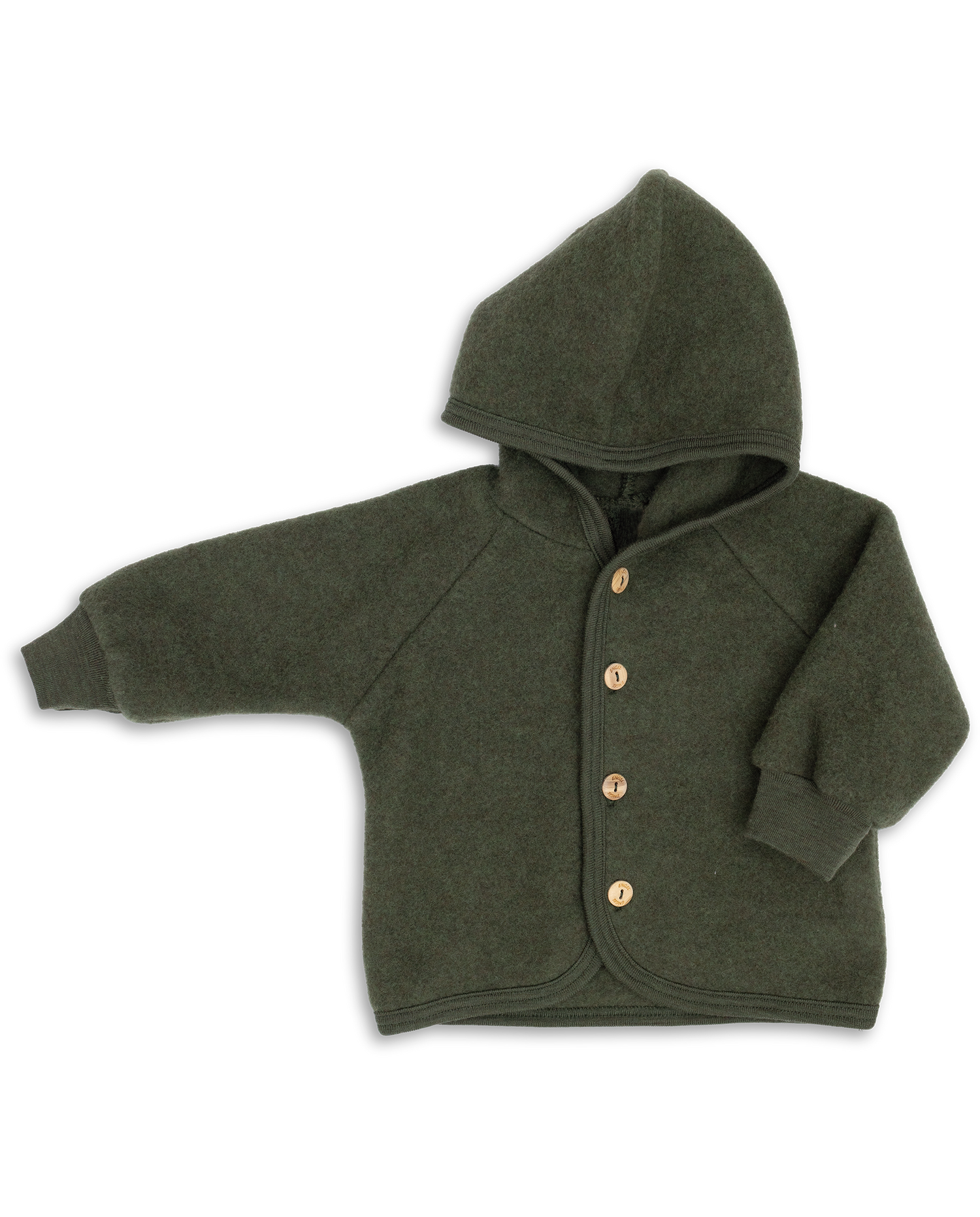 Merino wool fleece jacket made from organic merino wool, shown in green colour