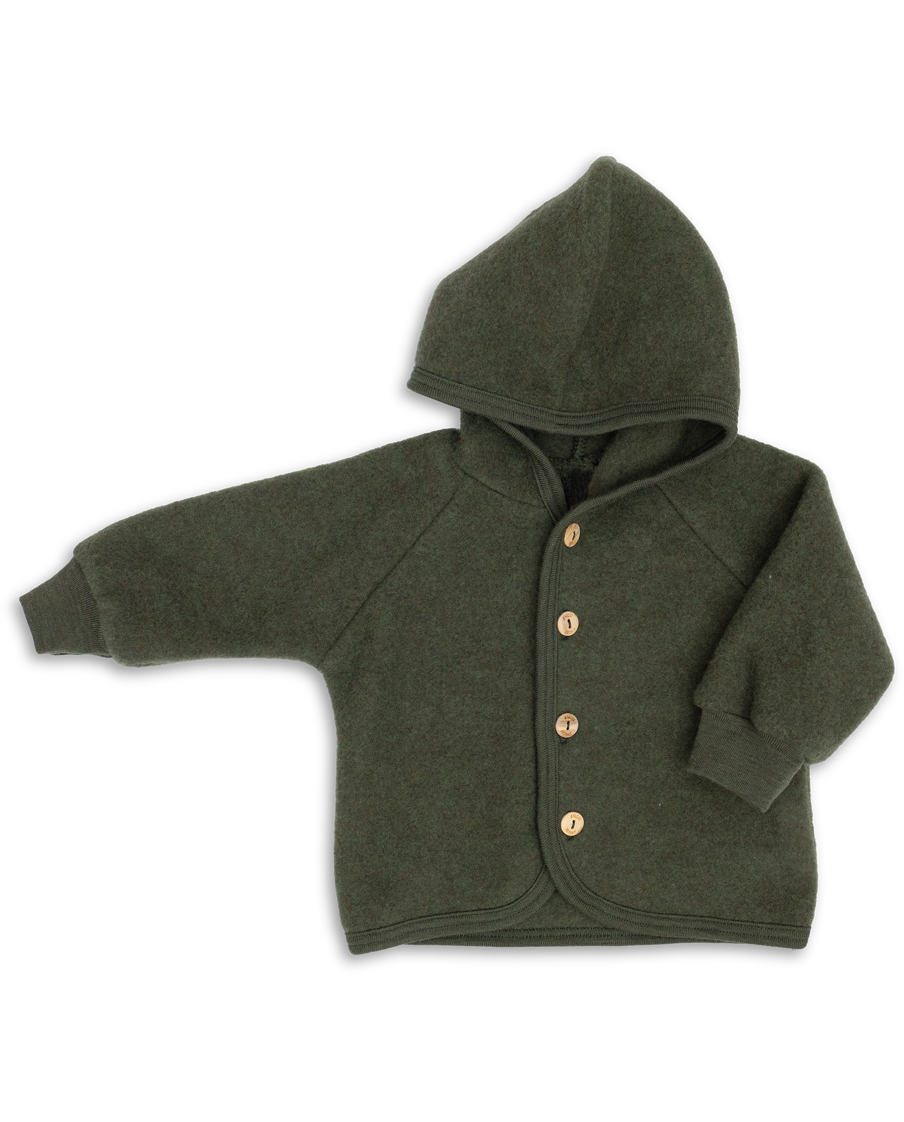 Merino wool fleece jacket made from organic merino wool, shown in green colour