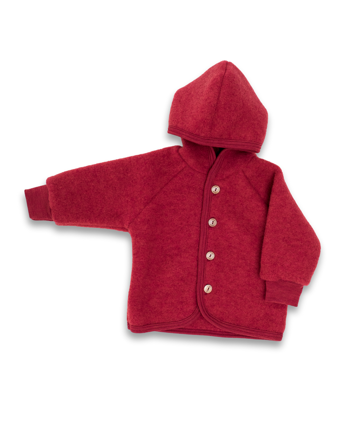 Merino wool fleece jacket made from organic merino wool, shown in red colour