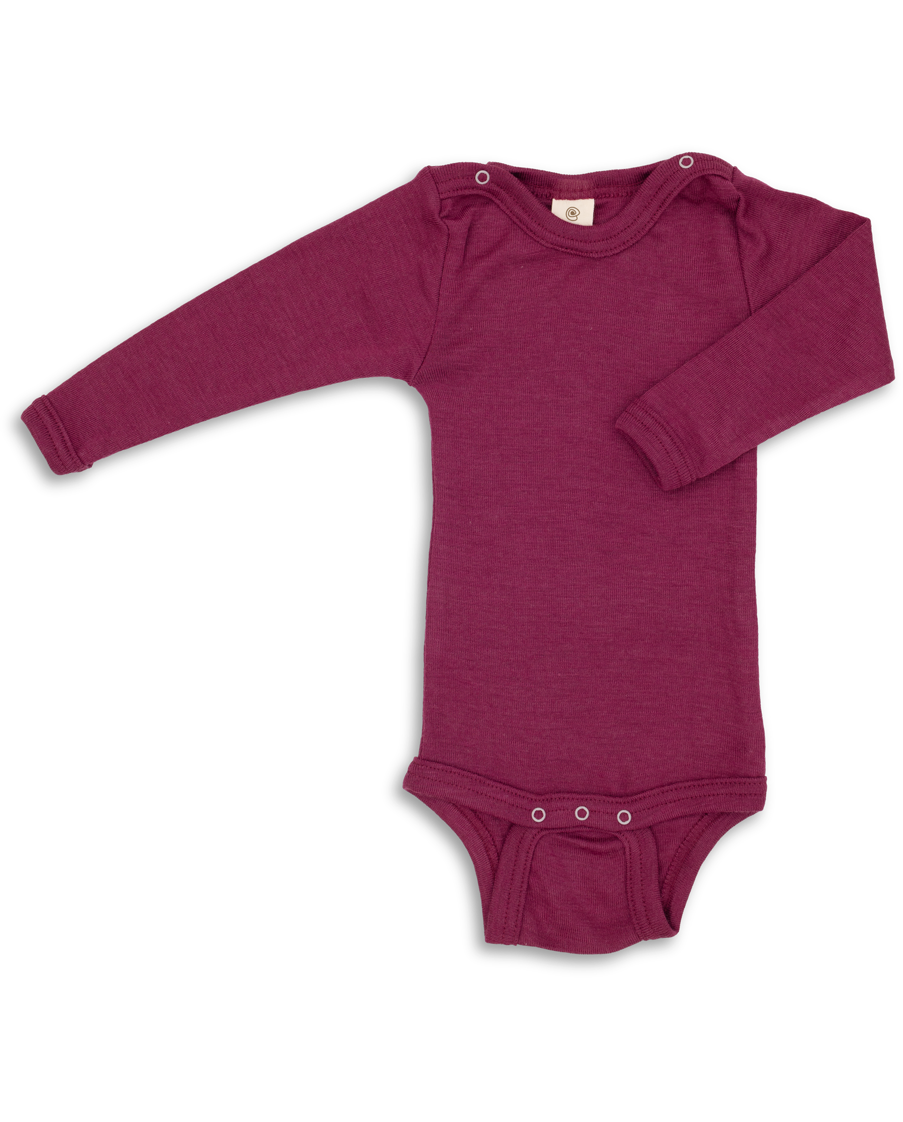 Wool and silk baby bodysuit made from a natural fibre blend, shown in dark pink colour