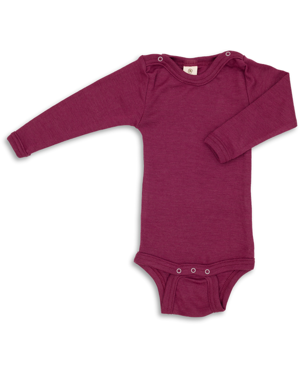 Wool and silk baby bodysuit made from a natural fibre blend, shown in dark pink colour