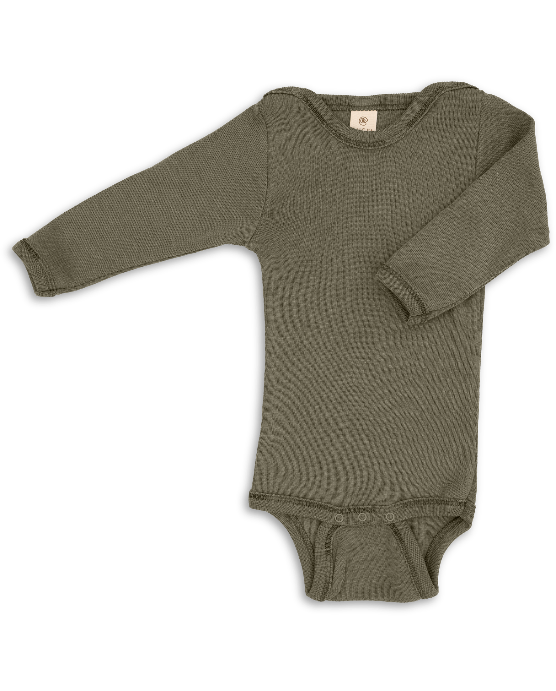 Wool and silk baby bodysuit made from a natural fibre blend, shown in olive green colour