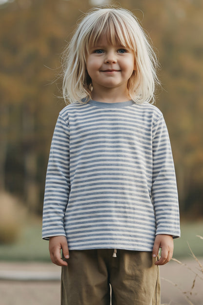 Child wearing Striped long sleeve top by Gray Label in color Stone Grey