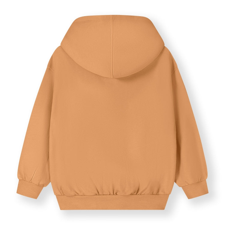 Organic cotton fleece hoodie made from GOTS-certified cotton, shown in orange colour shown from the back 