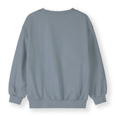 Organic cotton fleece dropped shoulder sweater made from GOTS-certified cotton, shown in blue from the back
