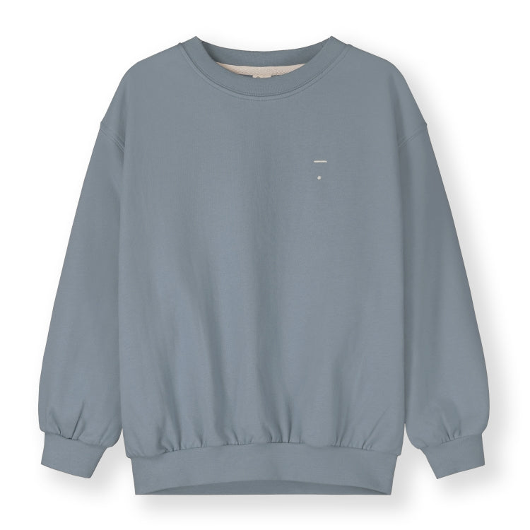 Organic cotton fleece dropped shoulder sweater made from GOTS-certified cotton, shown in blue
