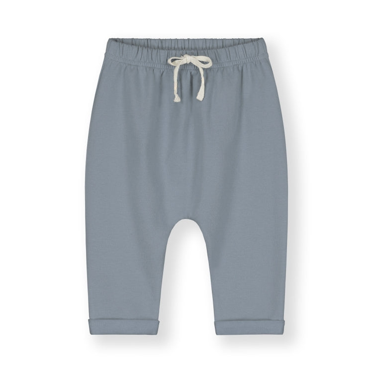Organic cotton fleece pants made from GOTS-certified Italian fleece, shown in blue colour