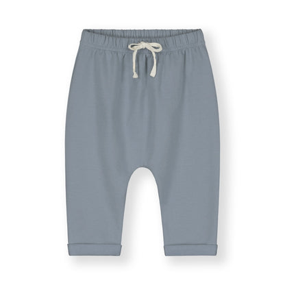 Organic cotton fleece pants made from GOTS-certified Italian fleece, shown in blue colour