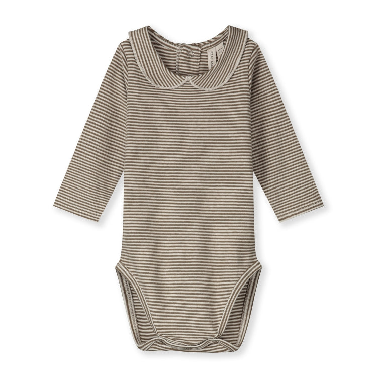 Organic cotton baby collar onesie made from GOTS-certified cotton, shown in brown striped colour