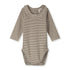 Organic cotton baby collar onesie made from GOTS-certified cotton, shown in brown striped colour