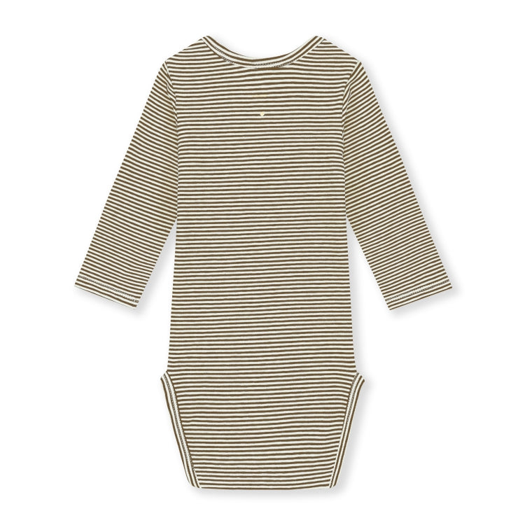 Organic cotton long sleeve onesie made from GOTS-certified cotton, shown in brown striped colour. Back side.