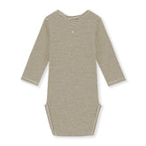 Organic cotton long sleeve onesie made from GOTS-certified cotton, shown in brown striped colour. Back side.
