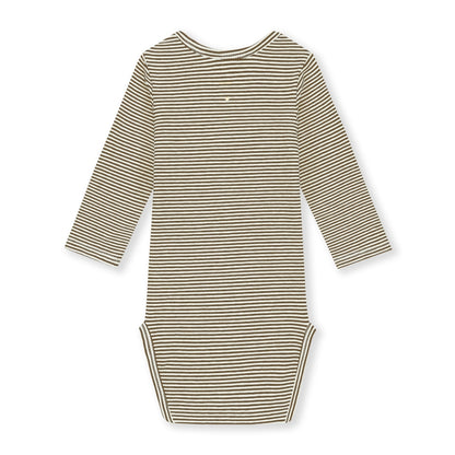Organic cotton long sleeve onesie made from GOTS-certified cotton, shown in brown striped colour. Back side.