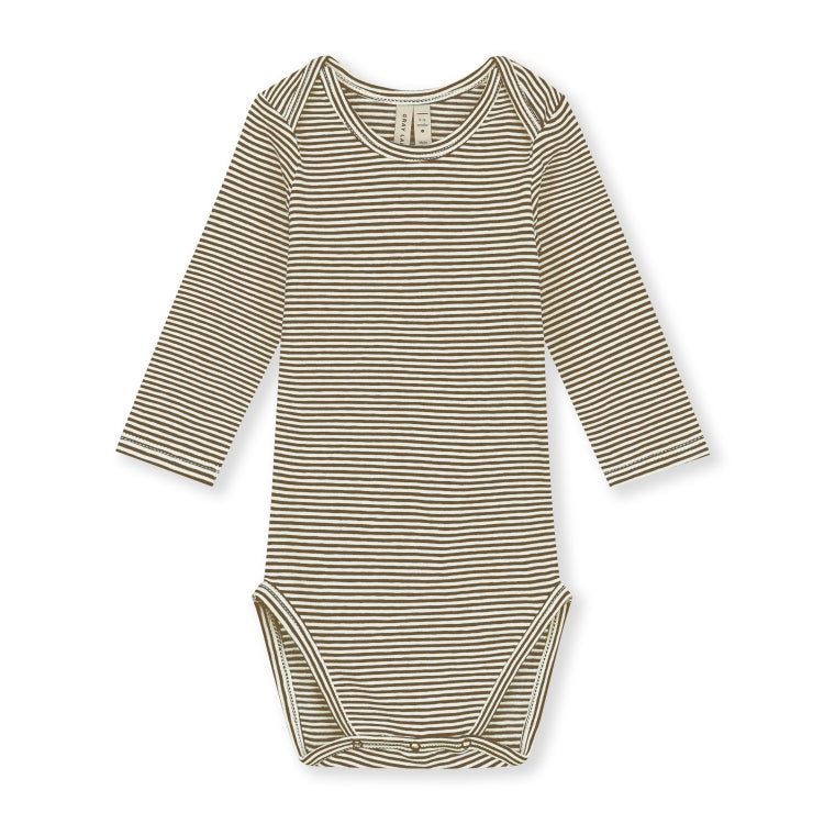 Organic cotton long sleeve onesie made from GOTS-certified cotton, shown in brown striped colour.