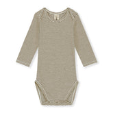 Organic cotton long sleeve onesie made from GOTS-certified cotton, shown in brown striped colour.