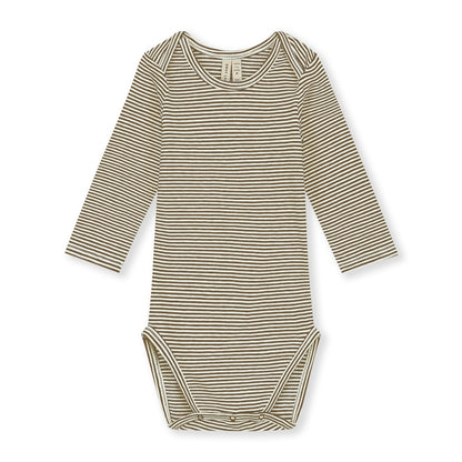 Organic cotton long sleeve onesie made from GOTS-certified cotton, shown in brown striped colour.