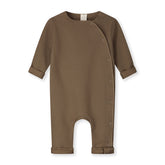 Organic cotton fleece baby suit made from GOTS-certified cotton, shown in brown colour