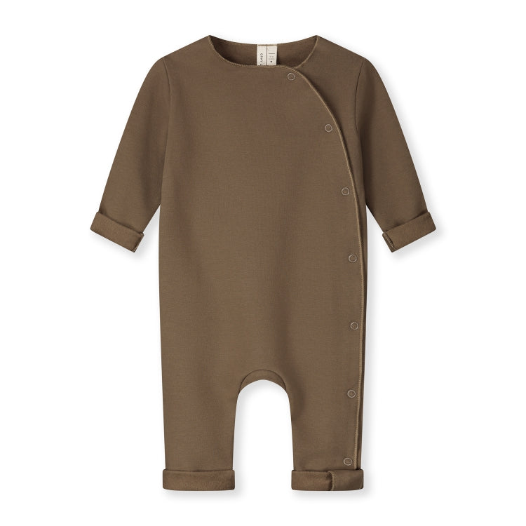 Organic cotton fleece baby suit made from GOTS-certified cotton, shown in brown colour