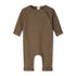 Organic cotton fleece baby suit made from GOTS-certified cotton, shown in brown colour