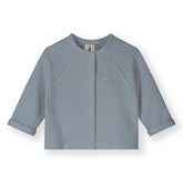 Organic cotton fleece raglan cardigan made from GOTS-certified cotton, shown in blue