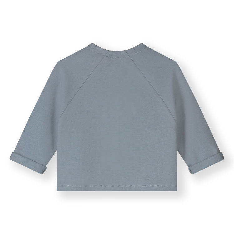 Organic cotton fleece raglan cardigan made from GOTS-certified cotton, shown in blue from the back