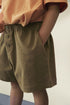 Detail of decorative button on organic cotton jersey shorts