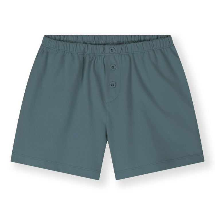 Organic cotton jersey shorts made from GOTS-certified cotton, shown in blue grey colour