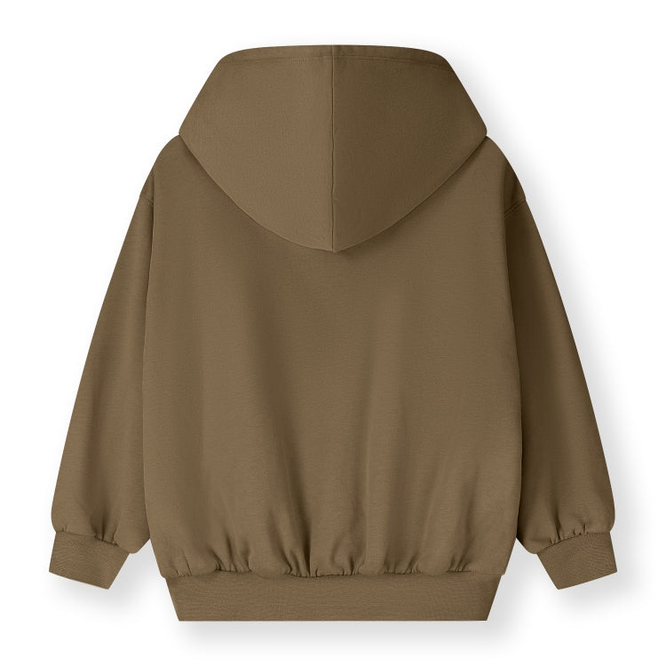 Organic cotton fleece hooded cardigan made from GOTS-certified cotton, shown in brown colour shown from the back