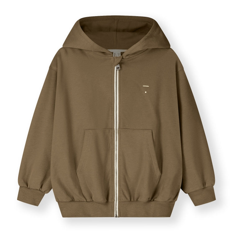 Organic cotton fleece hooded cardigan made from GOTS-certified cotton, shown in brown colour
