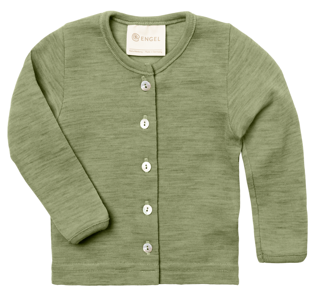 Merino wool baby cardigan made from organic merino wool, shown in green colour