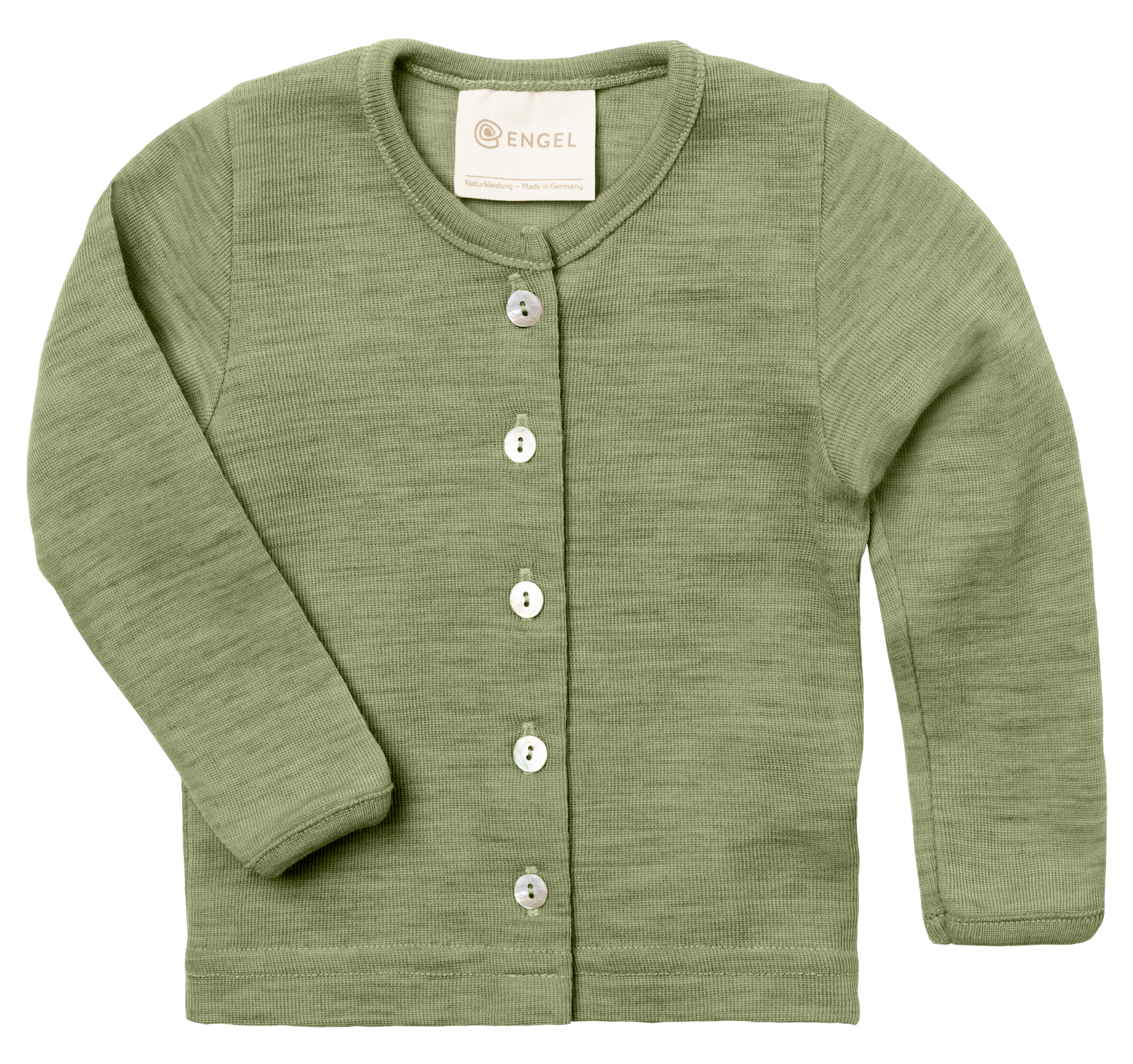 Merino wool baby cardigan made from organic merino wool, shown in green colour