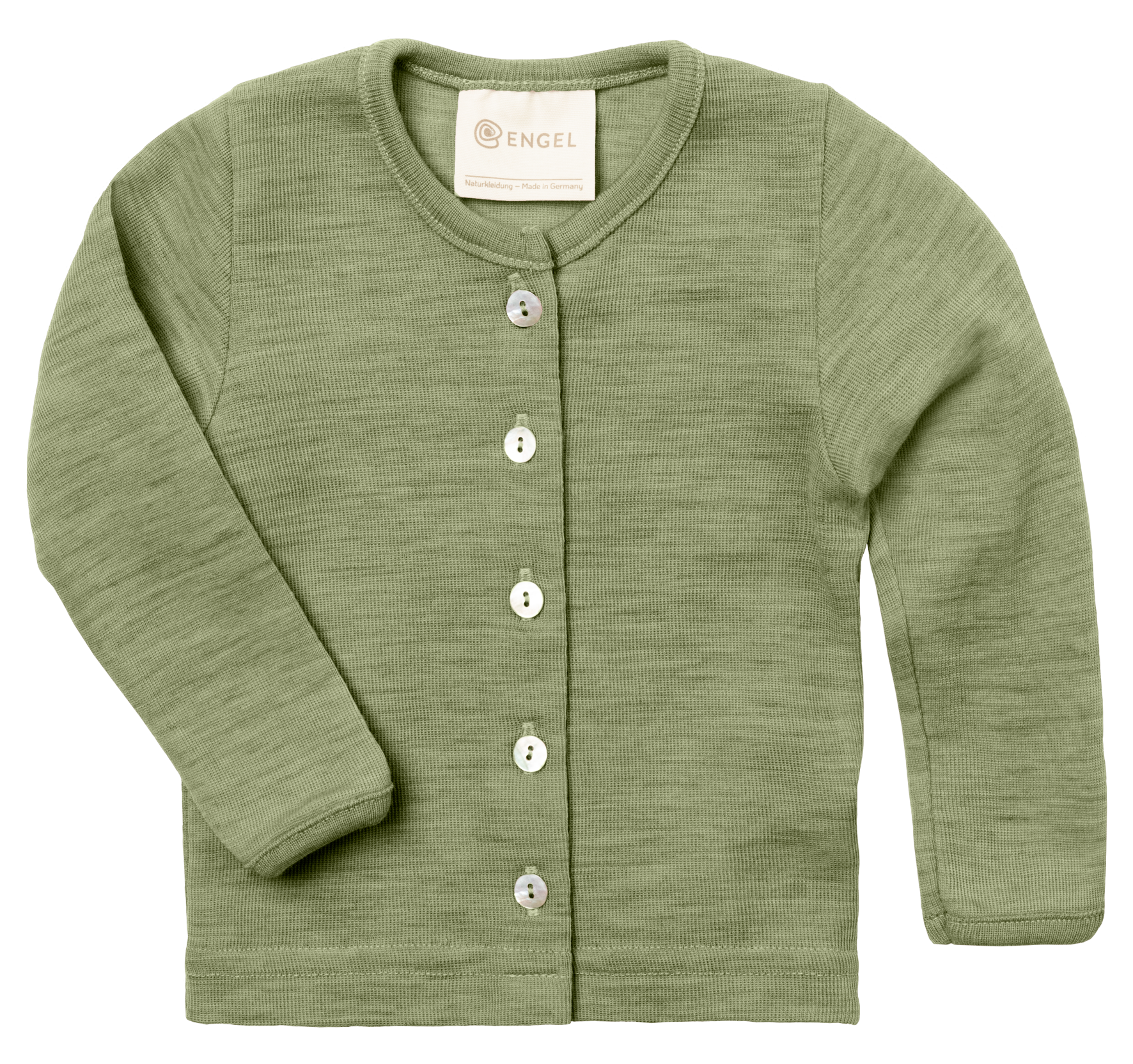 Merino wool baby cardigan made from organic merino wool, shown in green colour