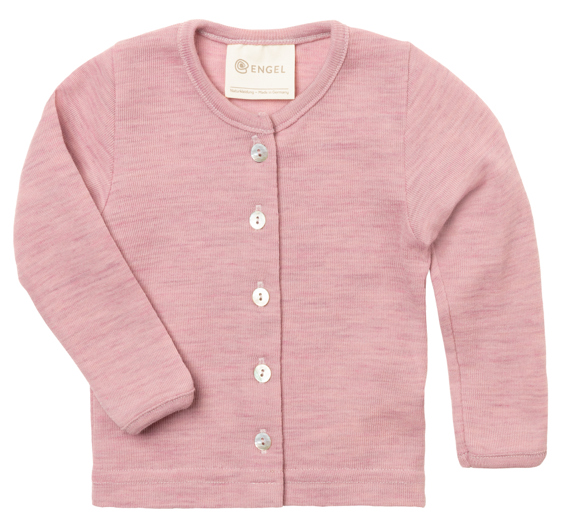 Merino wool baby cardigan made from organic merino wool, shown in pink colour